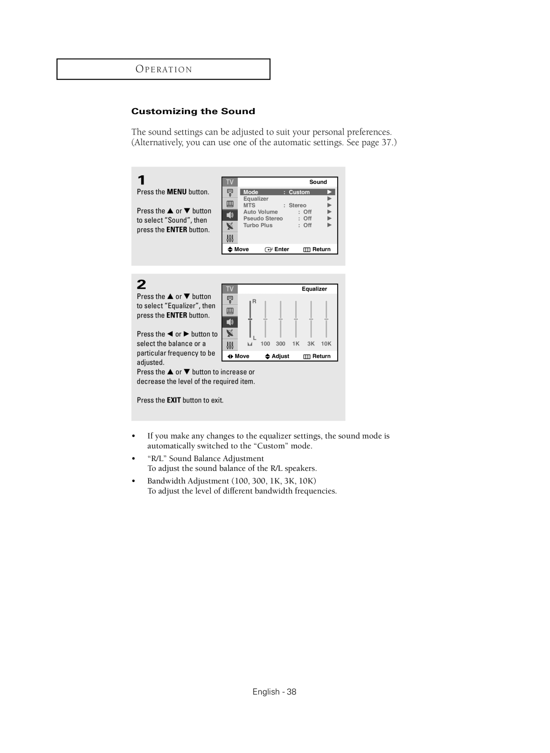 Samsung CL-29Z40MQ manual Customizing the Sound, Press the … or † button, Press the Enter button, Select the balance or a 