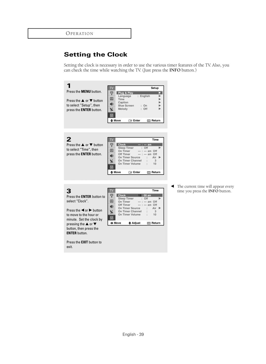 Samsung CL-29Z40MQ manual Setting the Clock 