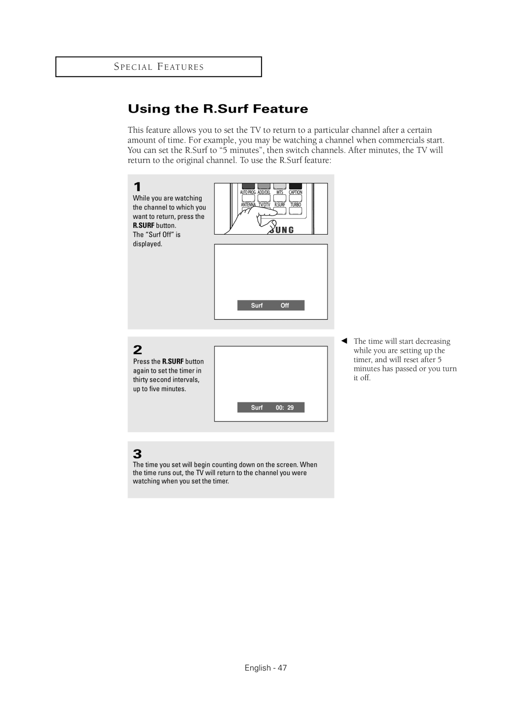 Samsung CL-29Z40MQ manual Using the R.Surf Feature, Surf Off is displayed 