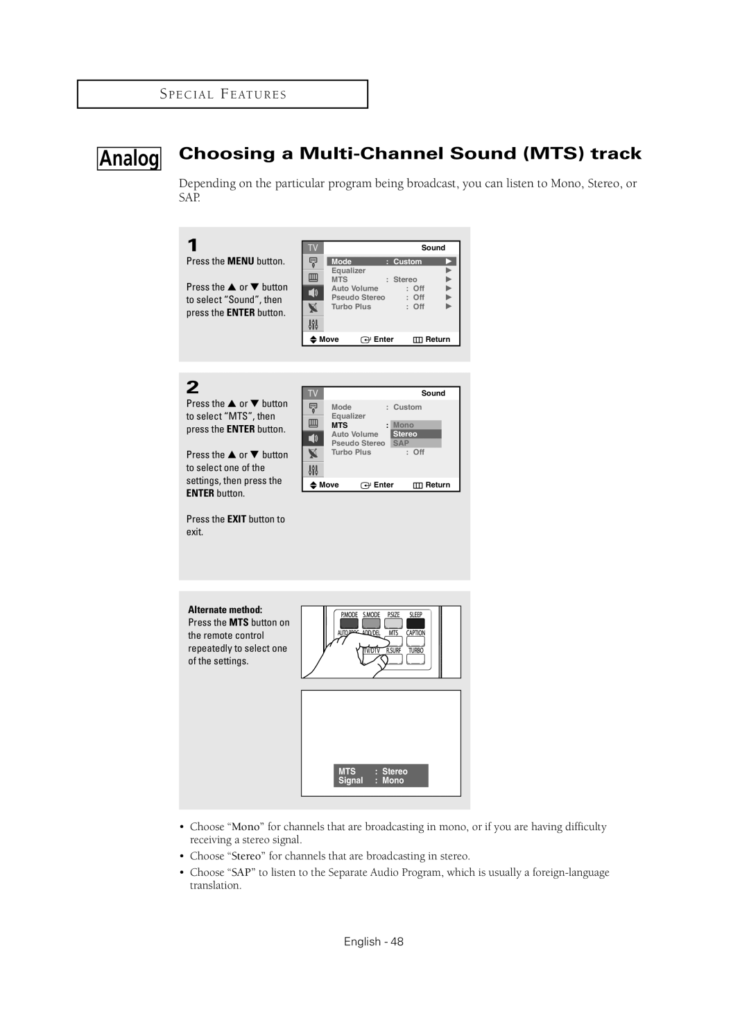 Samsung CL-29Z40MQ manual Choosing a Multi-Channel Sound MTS track 