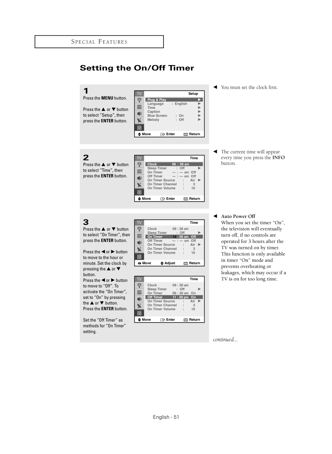 Samsung CL-29Z40MQ manual Setting the On/Off Timer, Set the Off Timer as methods for On Timer setting 