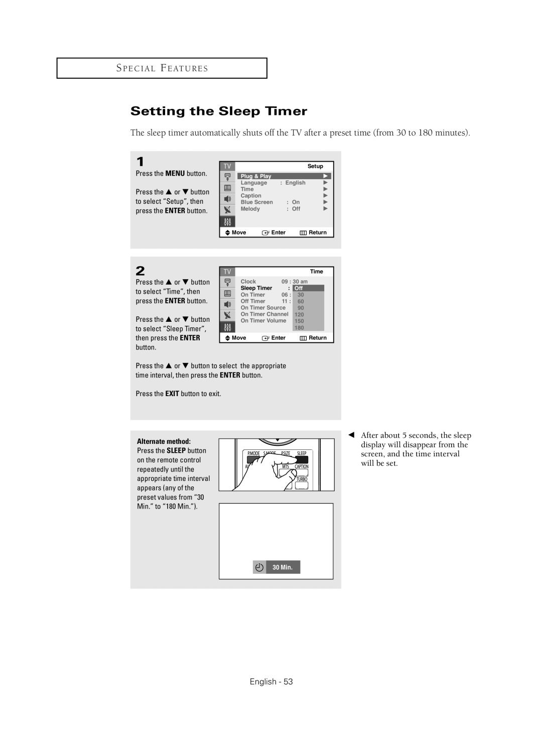 Samsung CL-29Z40MQ manual Setting the Sleep Timer, Press the Menu button 