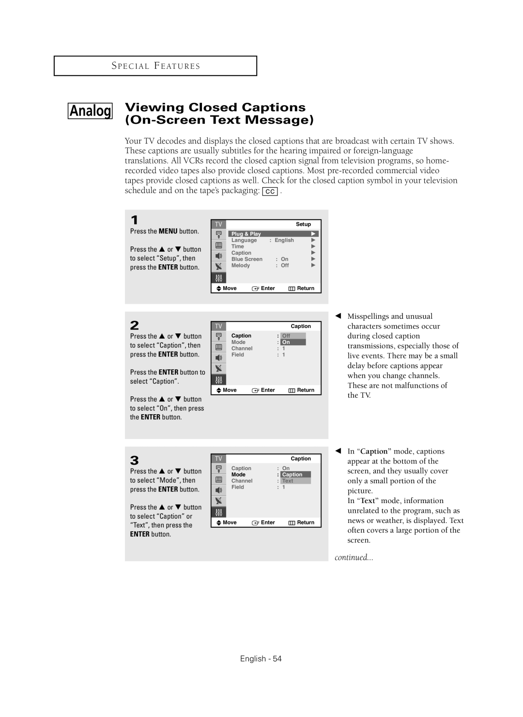 Samsung CL-29Z40MQ manual Viewing Closed Captions On-Screen Text Message, Press the Enter button to select Caption 