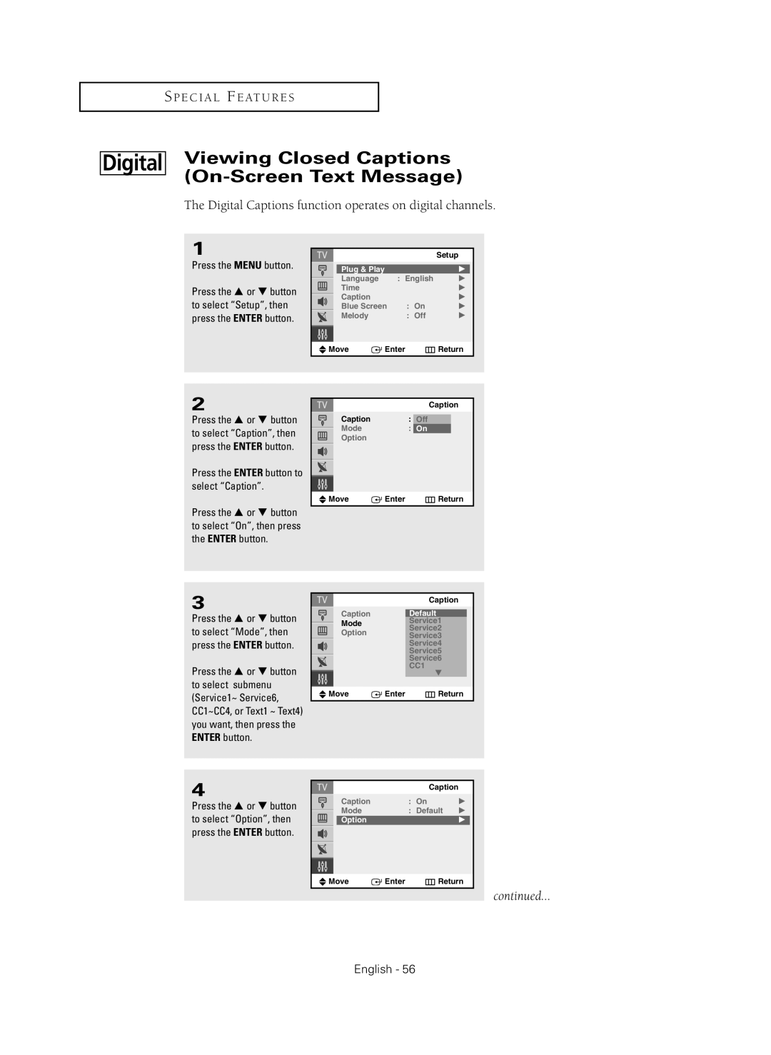 Samsung CL-29Z40MQ manual Digital Captions function operates on digital channels 