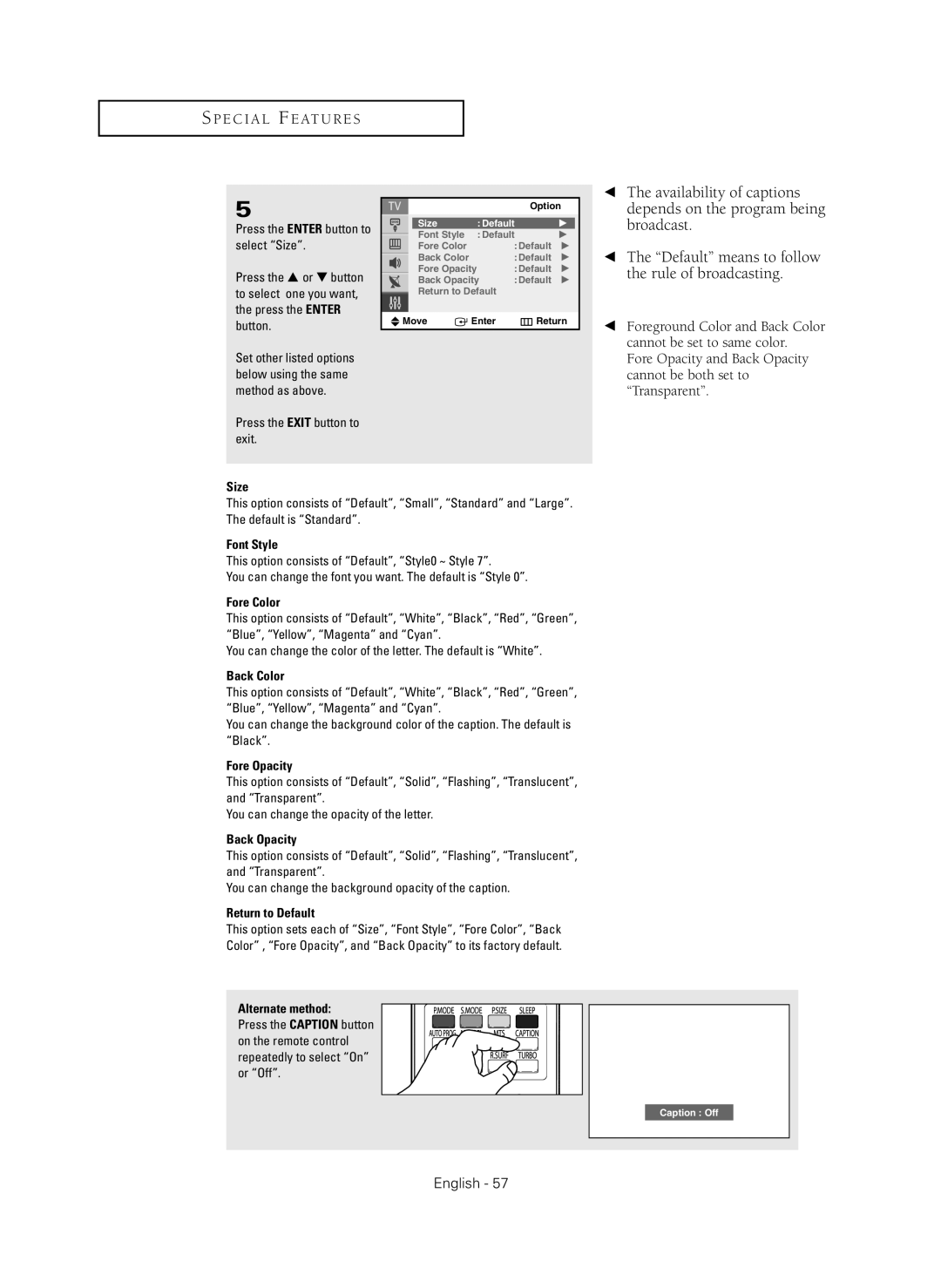 Samsung CL-29Z40MQ manual Size 