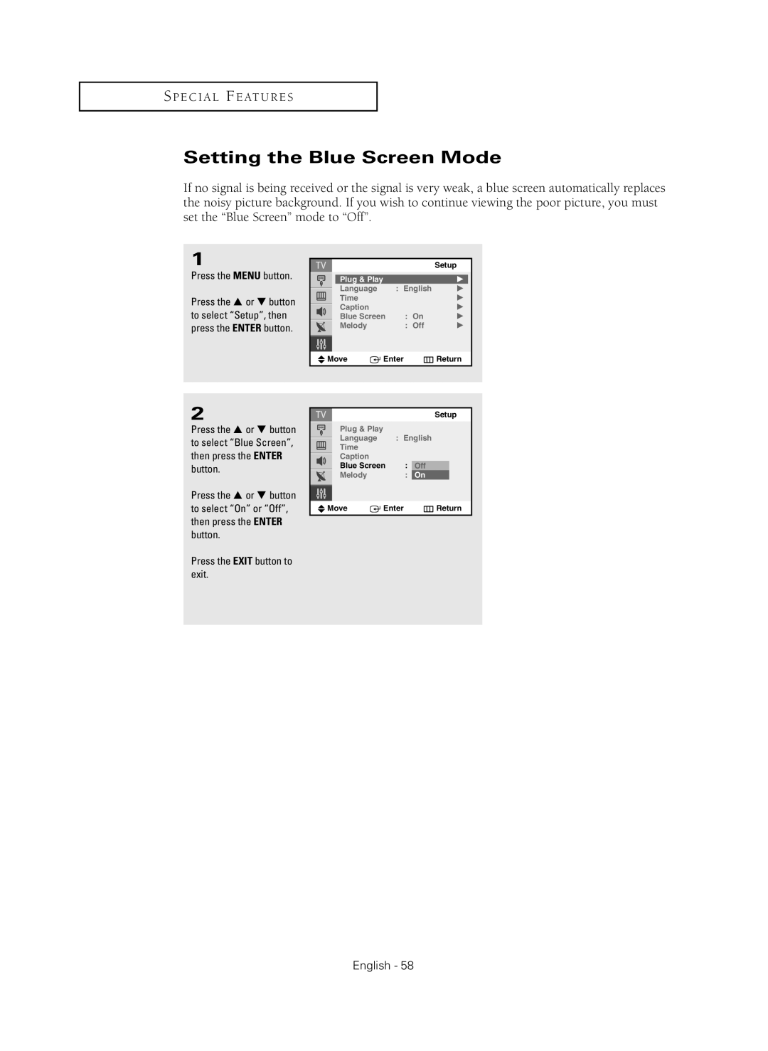 Samsung CL-29Z40MQ manual Setting the Blue Screen Mode, Press the Menu button 