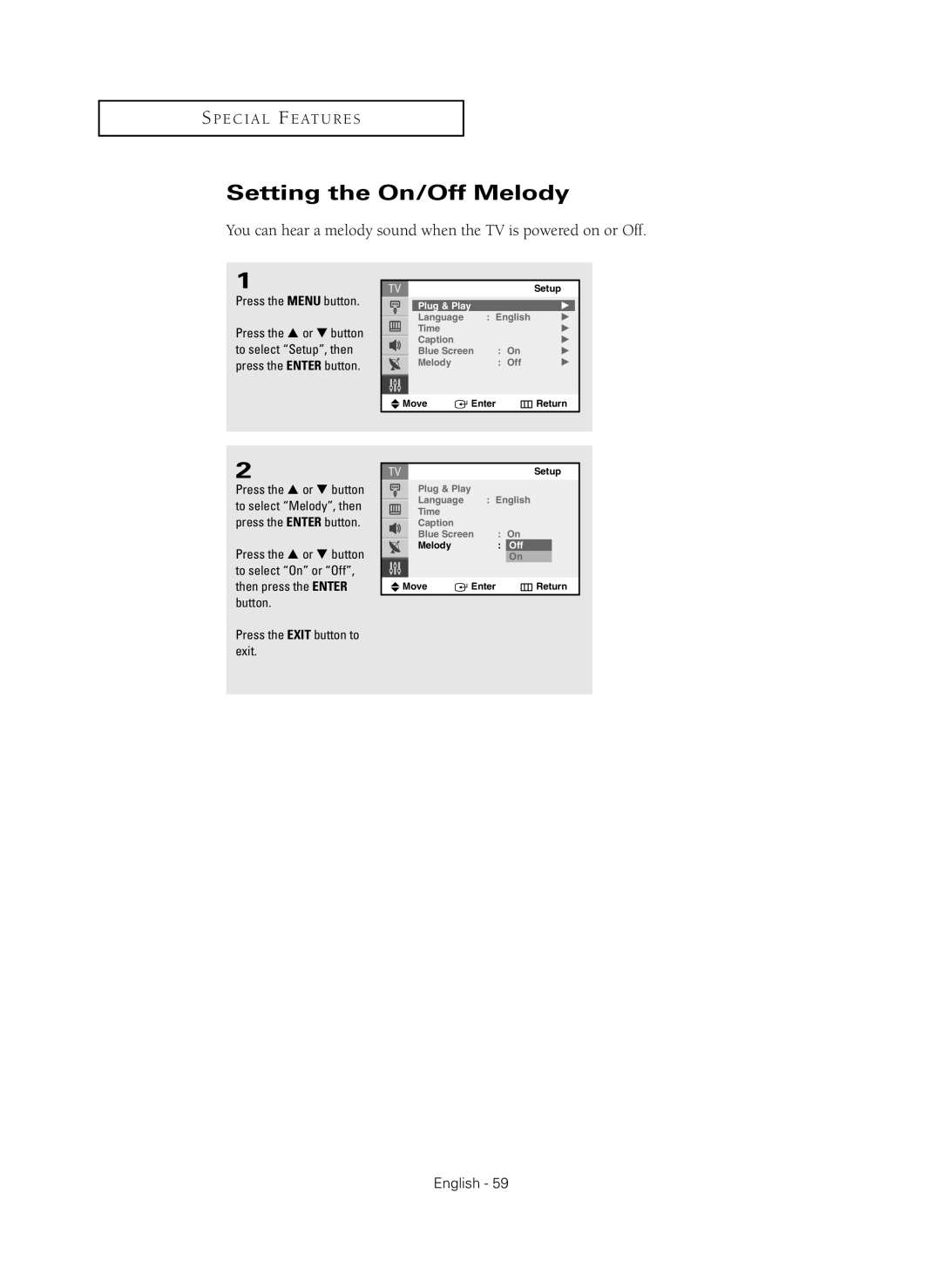 Samsung CL-29Z40MQ manual Setting the On/Off Melody 