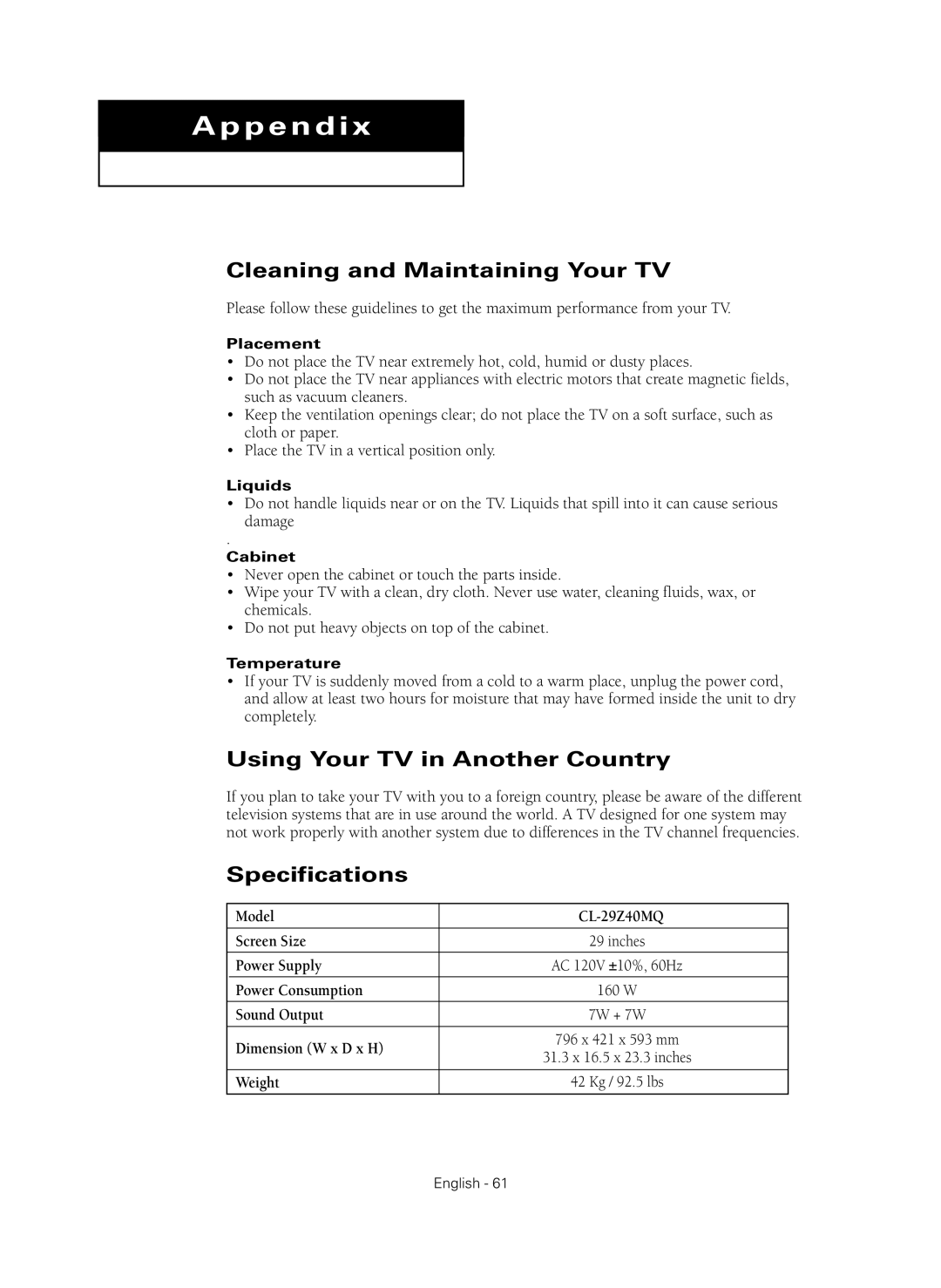 Samsung CL-29Z40MQ manual Cleaning and Maintaining Your TV, Using Your TV in Another Country, Specifications 