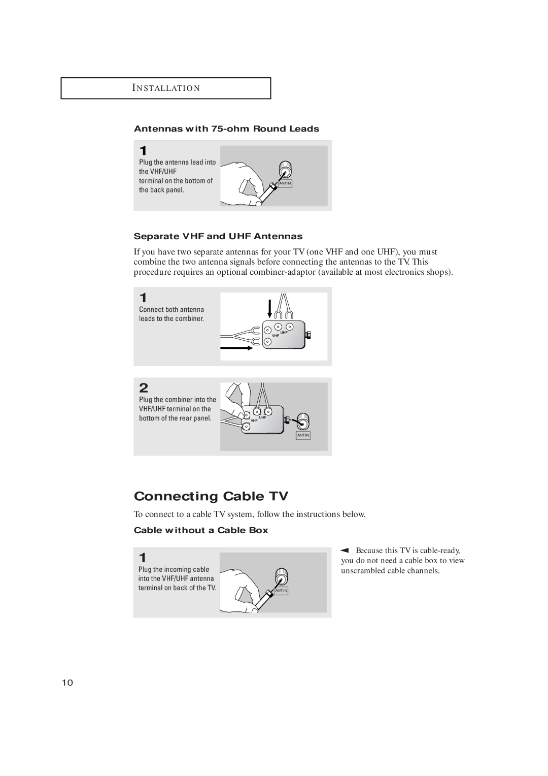 Samsung CL17M2MQ manual Connecting Cable TV, Antennas with 75-ohm Round Leads, Separate VHF and UHF Antennas 