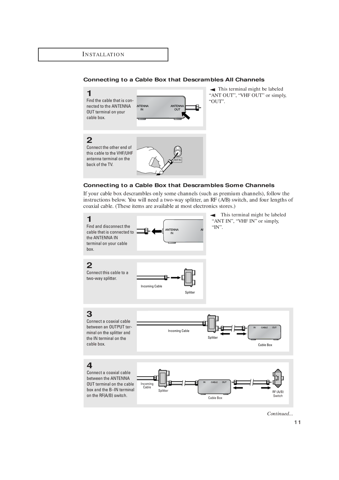 Samsung CL17M2MQ manual Connecting to a Cable Box that Descrambles All Channels, Connect this cable to a two-way splitter 