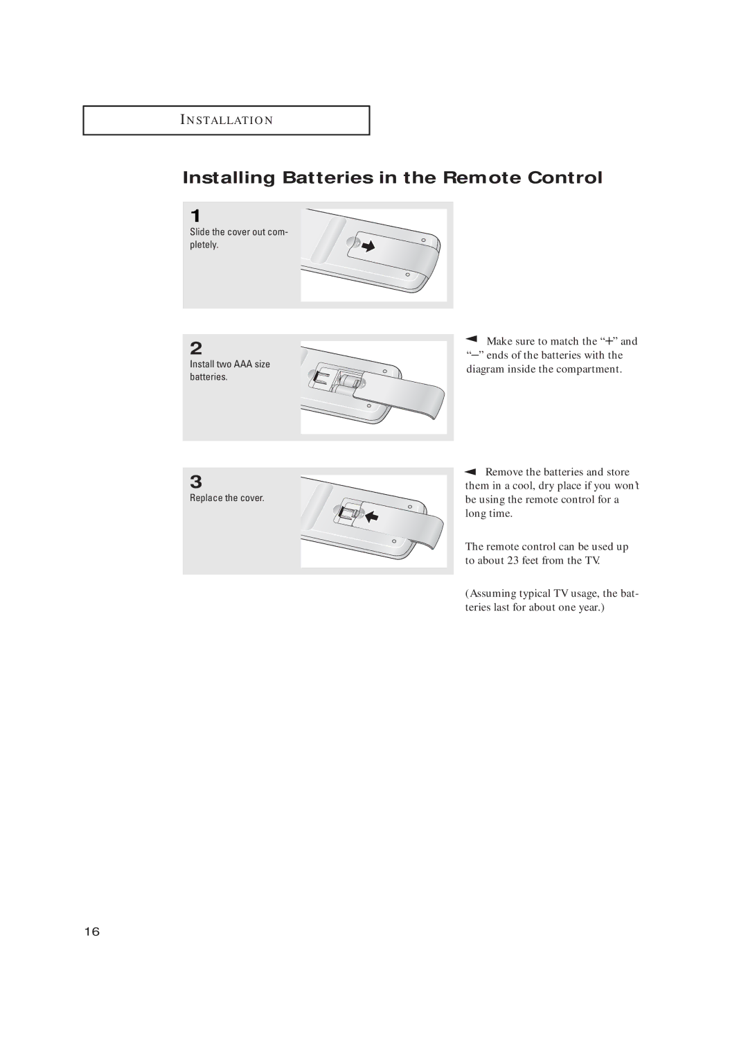 Samsung CL17M2MQ manual Installing Batteries in the Remote Control 