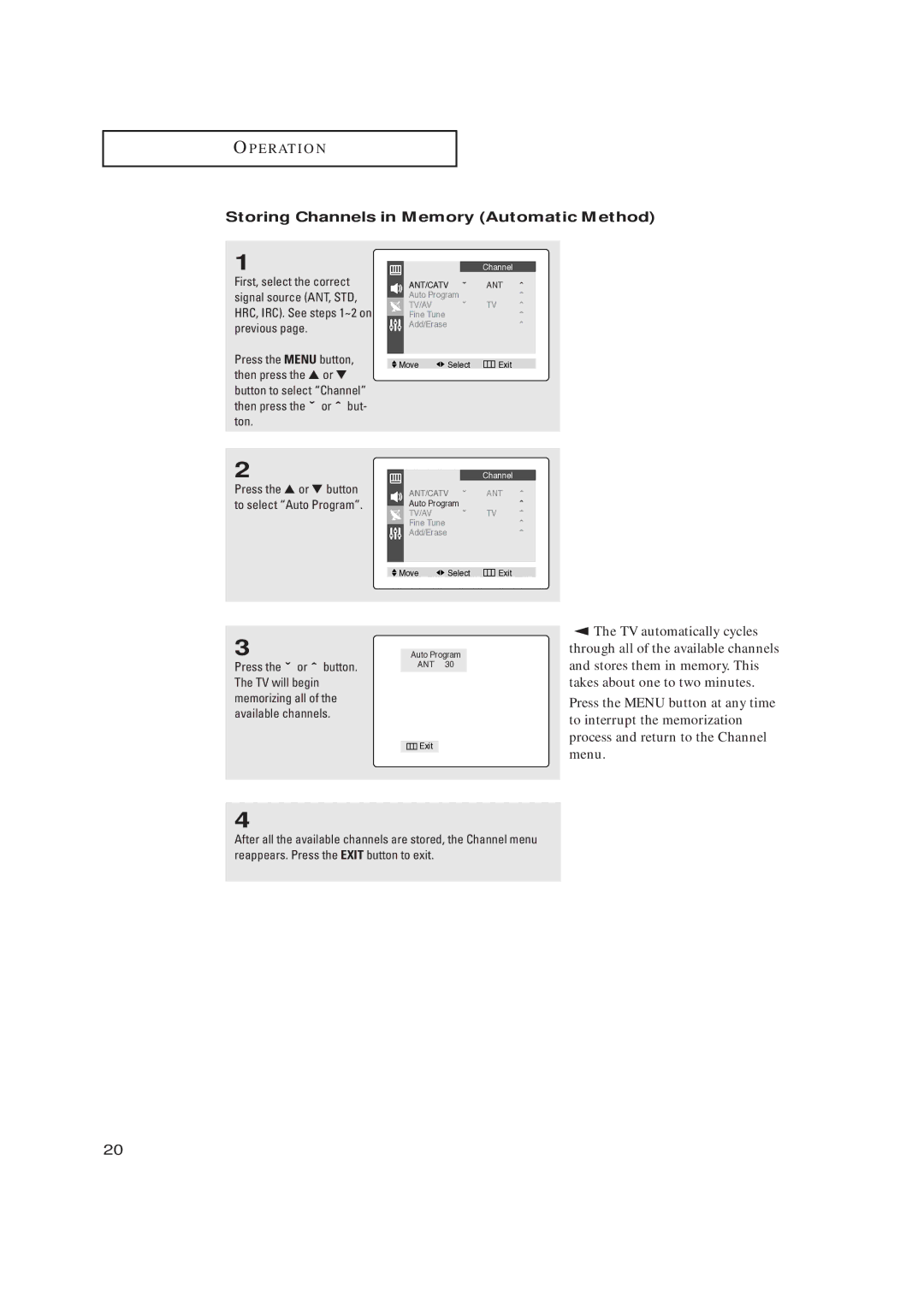 Samsung CL17M2MQ manual Storing Channels in Memory Automatic Method 