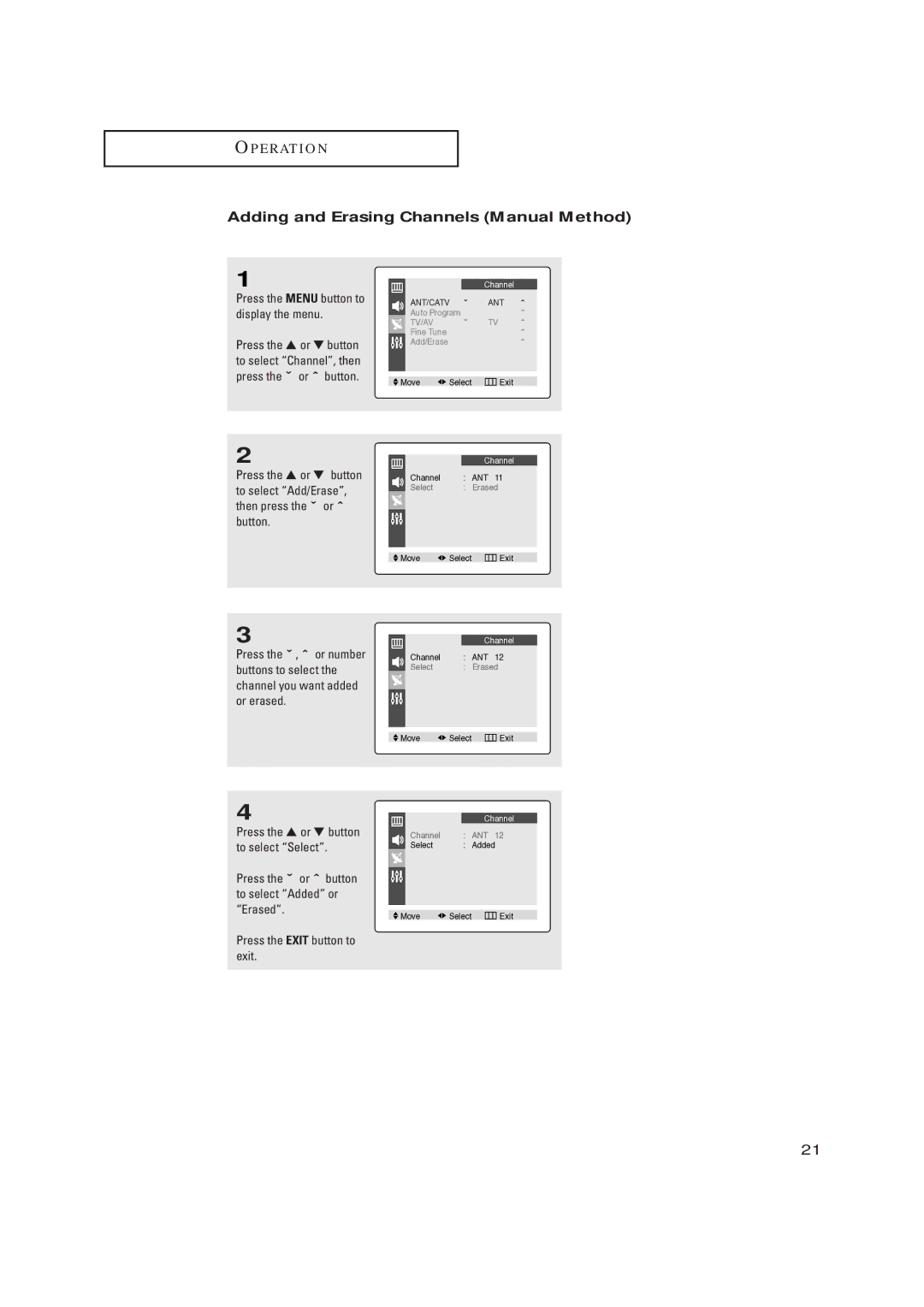 Samsung CL17M2MQ manual Adding and Erasing Channels Manual Method 