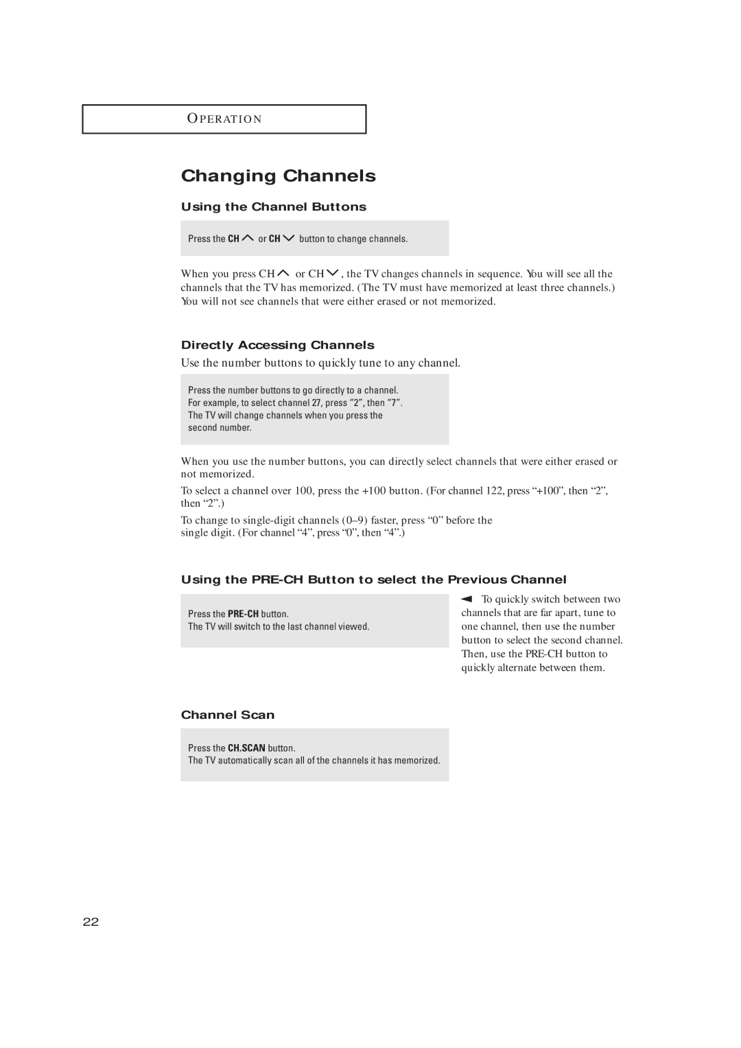 Samsung CL17M2MQ manual Changing Channels, Using the Channel Buttons, Directly Accessing Channels, Channel Scan 