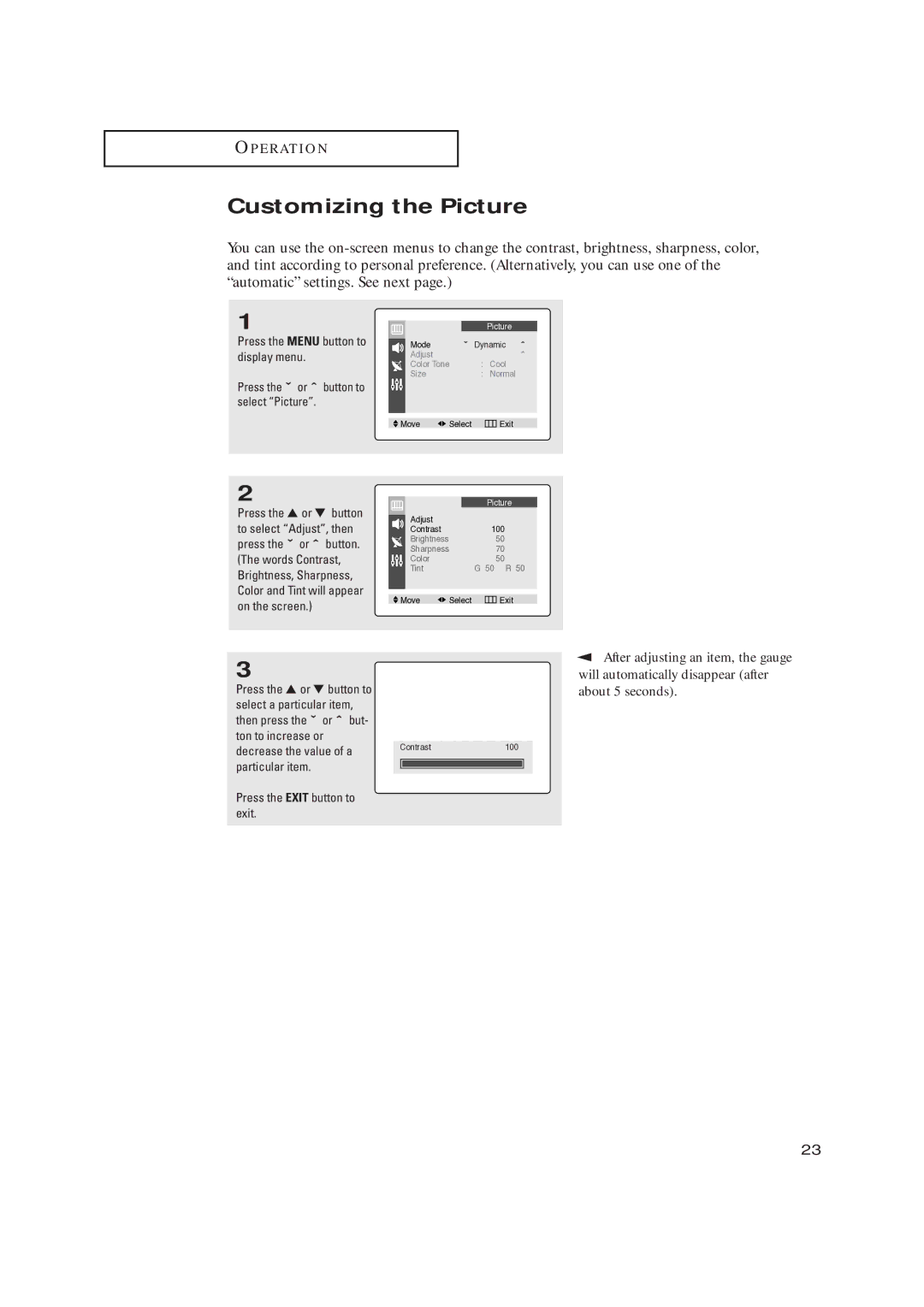 Samsung CL17M2MQ manual Customizing the Picture, Press the Menu button to display menu 