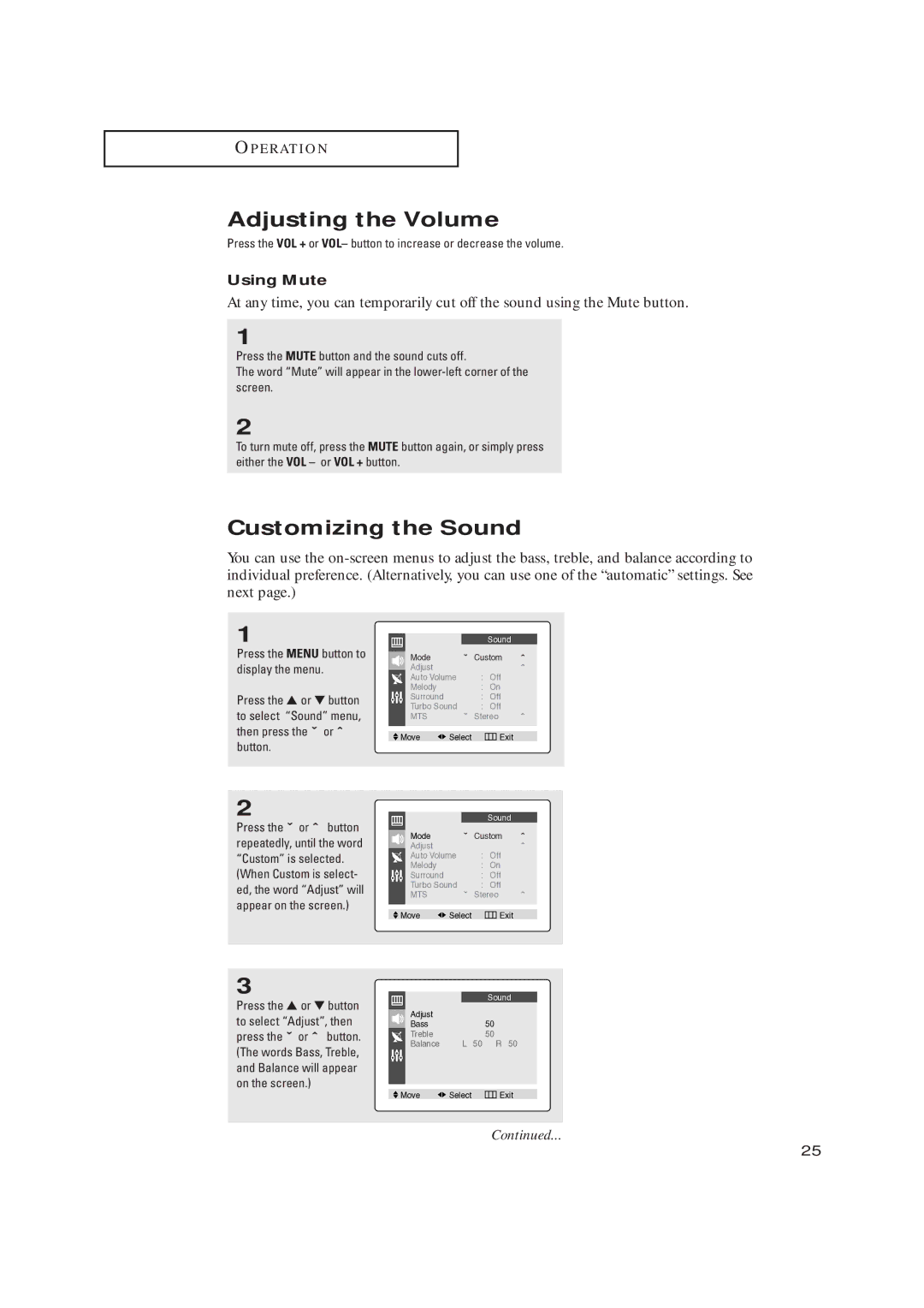 Samsung CL17M2MQ manual Adjusting the Volume, Customizing the Sound, Using Mute 