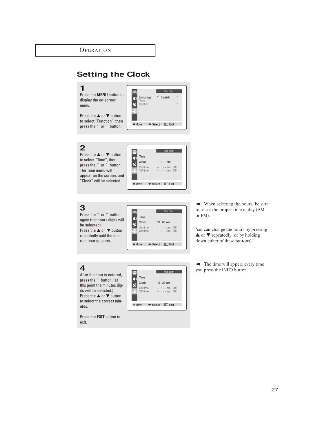 Samsung CL17M2MQ manual Setting the Clock, Press the Menu button to display the on-screen menu 