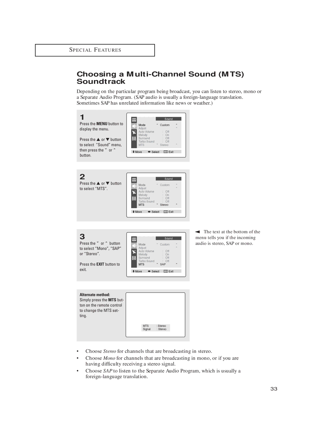 Samsung CL17M2MQ manual Choosing a Multi-Channel Sound MTS Soundtrack, Press the or button to select MTS 