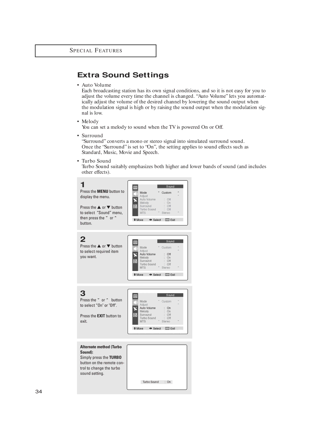 Samsung CL17M2MQ manual Extra Sound Settings, Auto Volume 