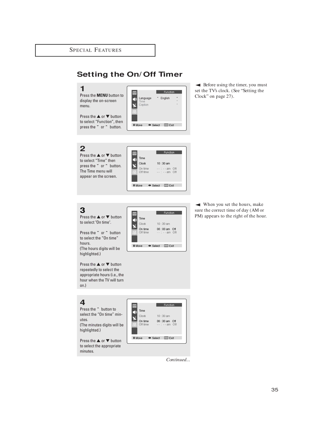 Samsung CL17M2MQ manual Setting the On/Off Timer, PM appears to the right of the hour 