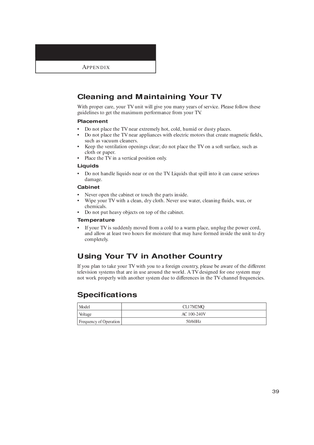 Samsung CL17M2MQ manual Cleaning and Maintaining Your TV, Using Your TV in Another Country, Specifications 