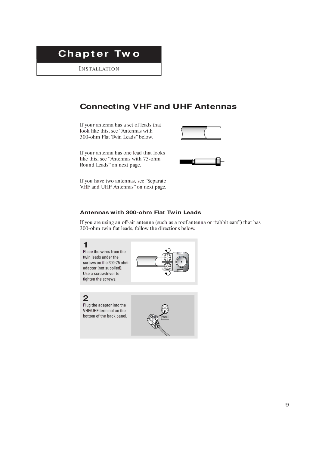 Samsung CL17M2MQ manual Connecting VHF and UHF Antennas, Antennas with 300-ohm Flat Twin Leads 