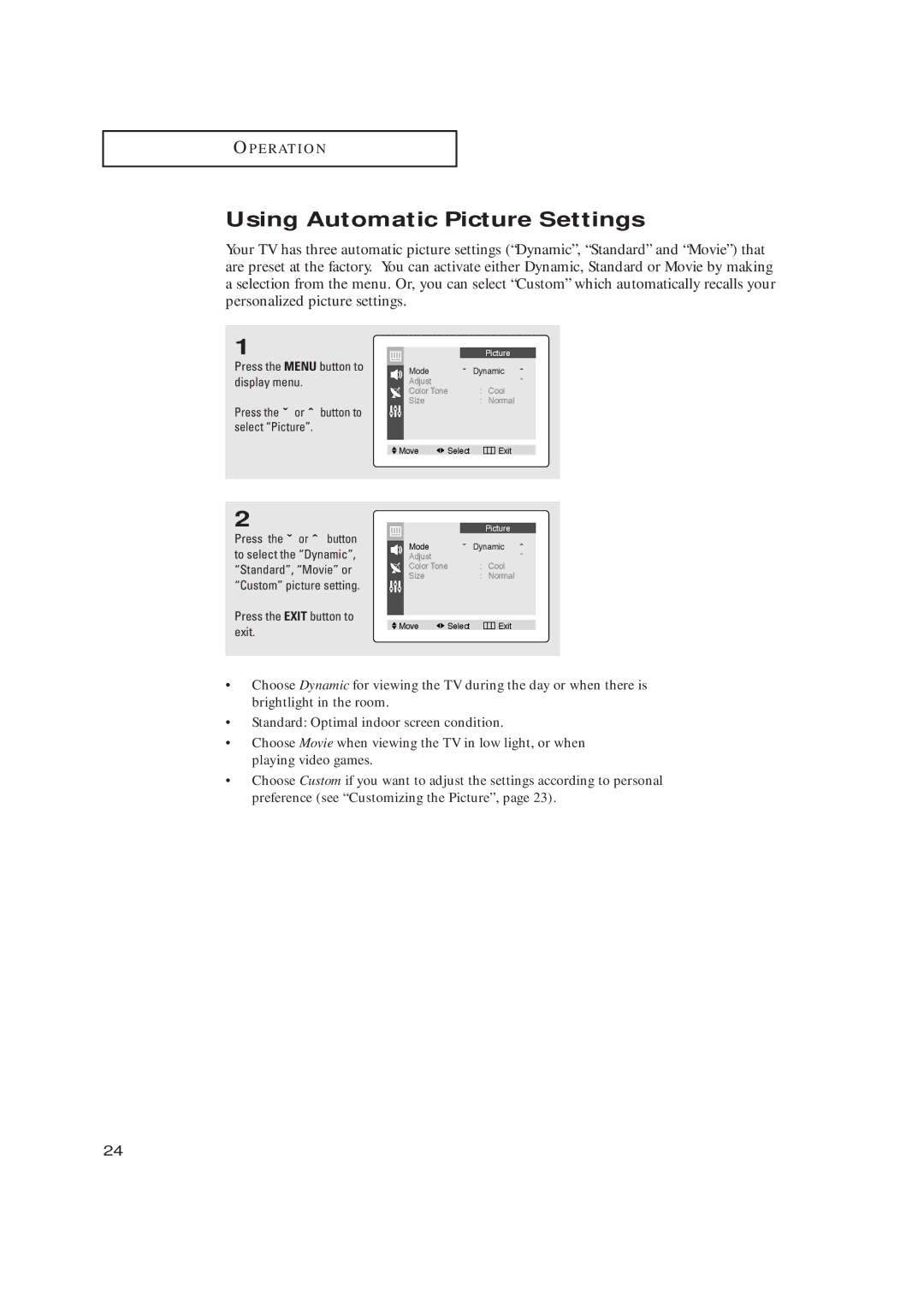 Samsung CL17M6MQ, CL15K5MN manual Using Automatic Picture Settings 