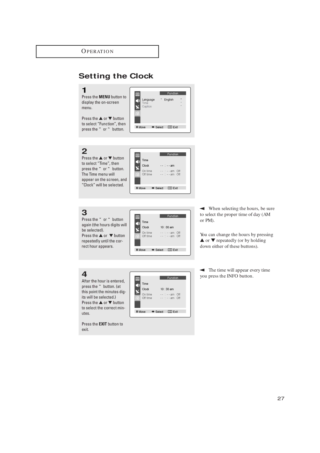 Samsung CL15K5MN, CL17M6MQ manual Setting the Clock, Press the Menu button to display the on-screen menu 