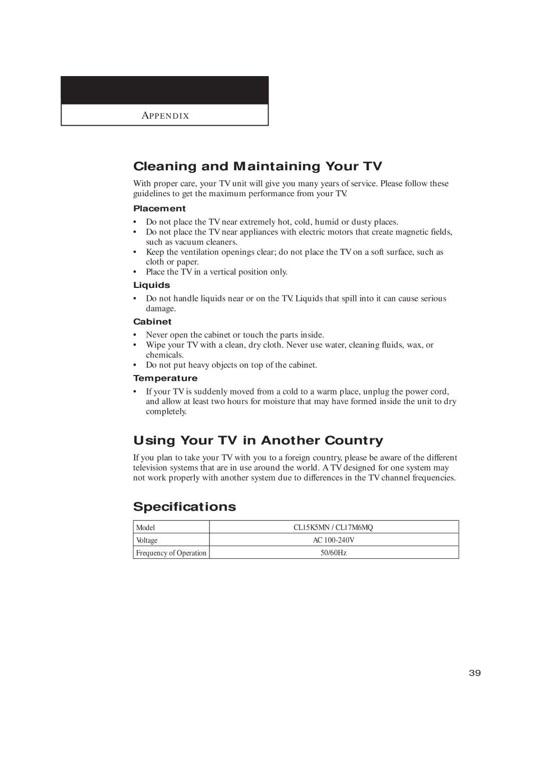 Samsung CL15K5MN, CL17M6MQ manual Cleaning and Maintaining Your TV, Using Your TV in Another Country, Specifications 