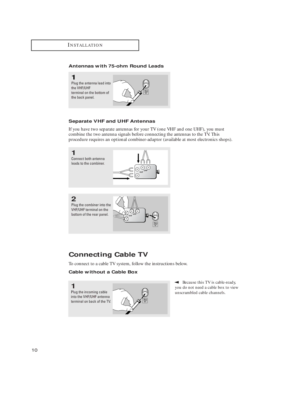 Samsung CL21K30M16 manual Connecting Cable TV, Antennas with 75-ohm Round Leads, Separate VHF and UHF Antennas 