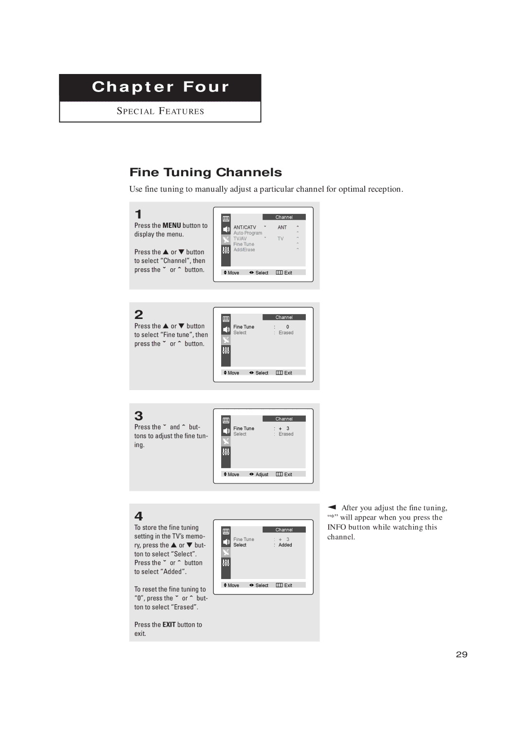 Samsung CL21K30M16 manual Fine Tuning Channels, Press the ˇ and ˆ but- tons to adjust the fine tun- ing 