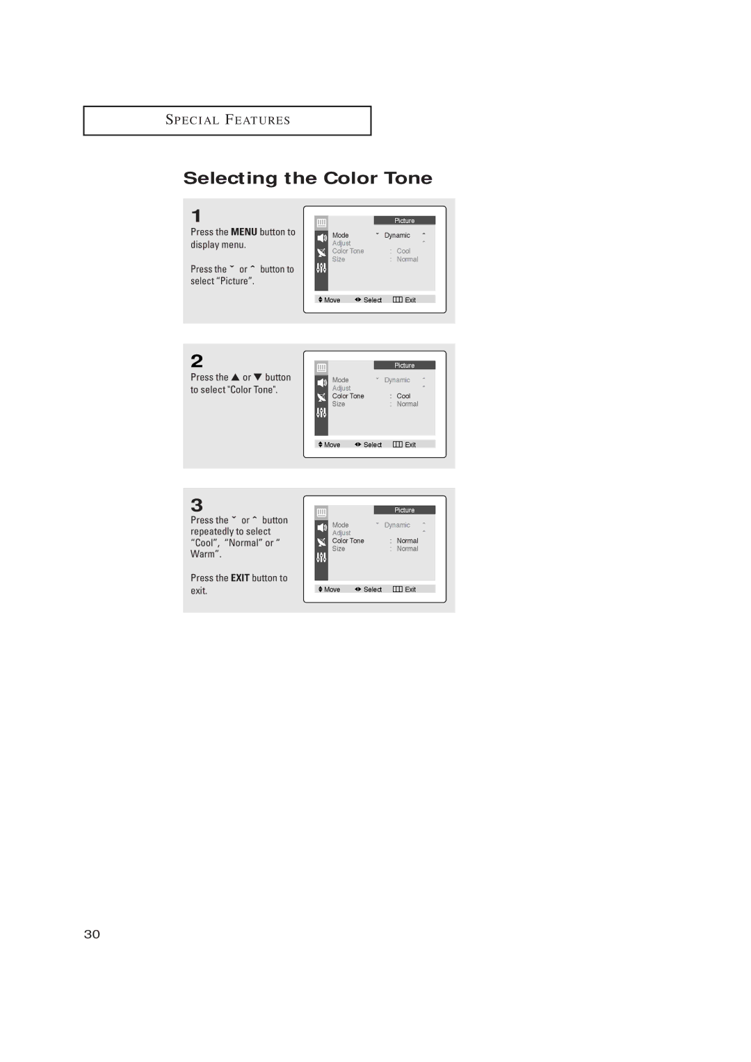 Samsung CL21K30M16 manual Selecting the Color Tone, Press the or button to select Color Tone 