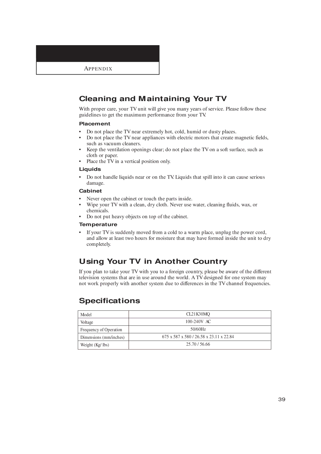 Samsung CL21K30M16 manual Cleaning and Maintaining Your TV, Using Your TV in Another Country, Specifications 