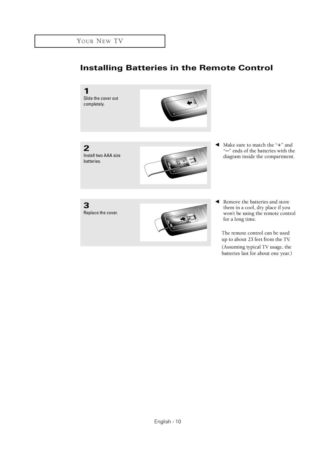 Samsung CL21M2, CL29M2, CL21M6, CL29M16, CL21M21, CL29M21, CL21T21, CL29T21 Installing Batteries in the Remote Control 