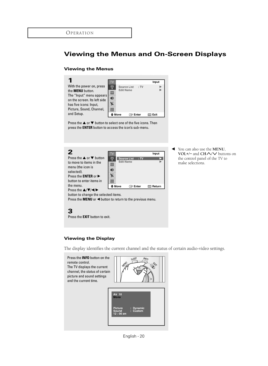 Samsung CL21M2, CL29M2, CL21M6, CL29M16, CL21M21, CL29M21, CL21T21, CL29T21 manual Viewing the Menus and On-Screen Displays 