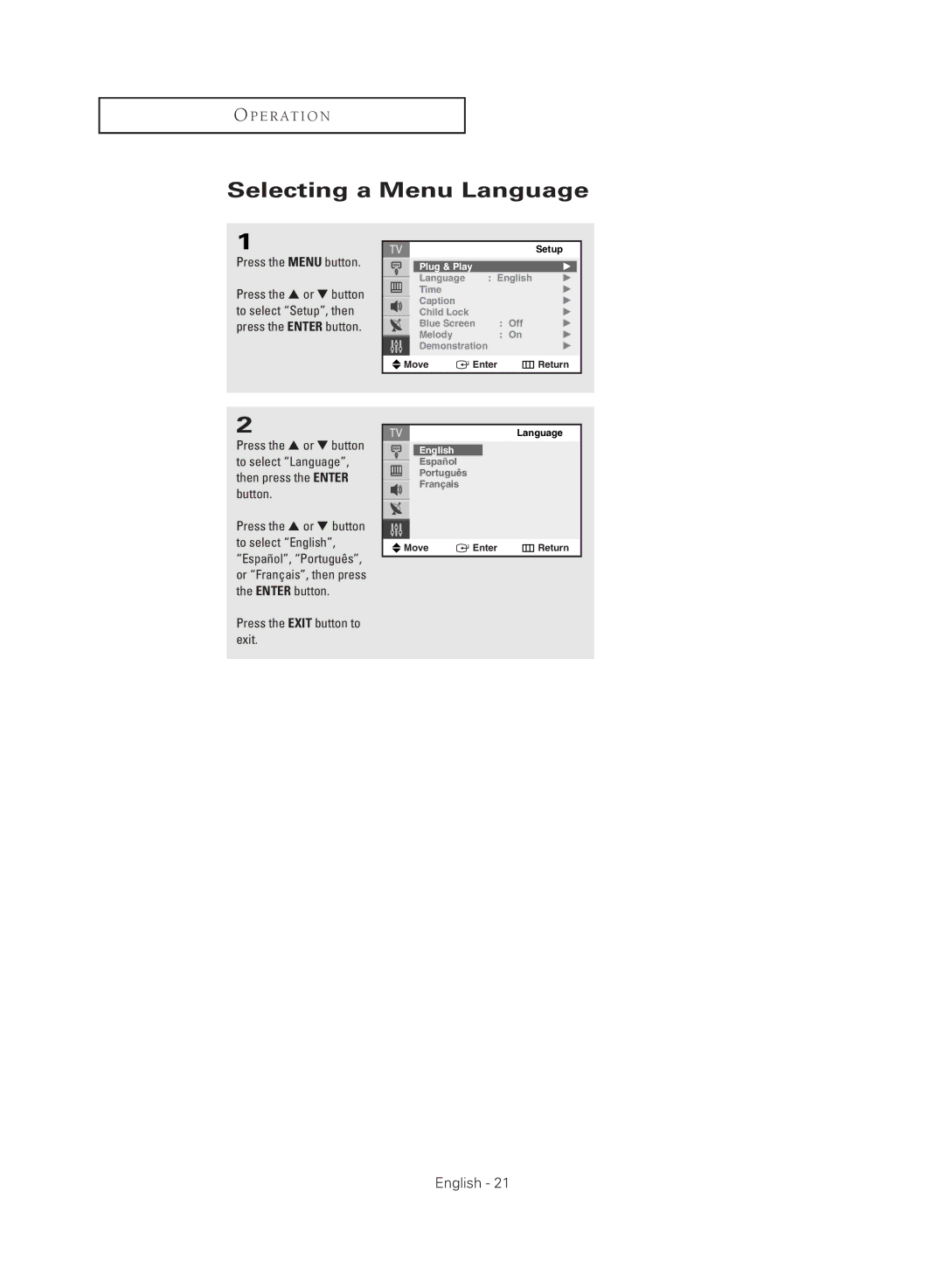 Samsung CL21M2, CL29M2, CL21M6, CL29M16, CL21M21, CL29M21, CL21T21, CL29T21 manual Selecting a Menu Language 