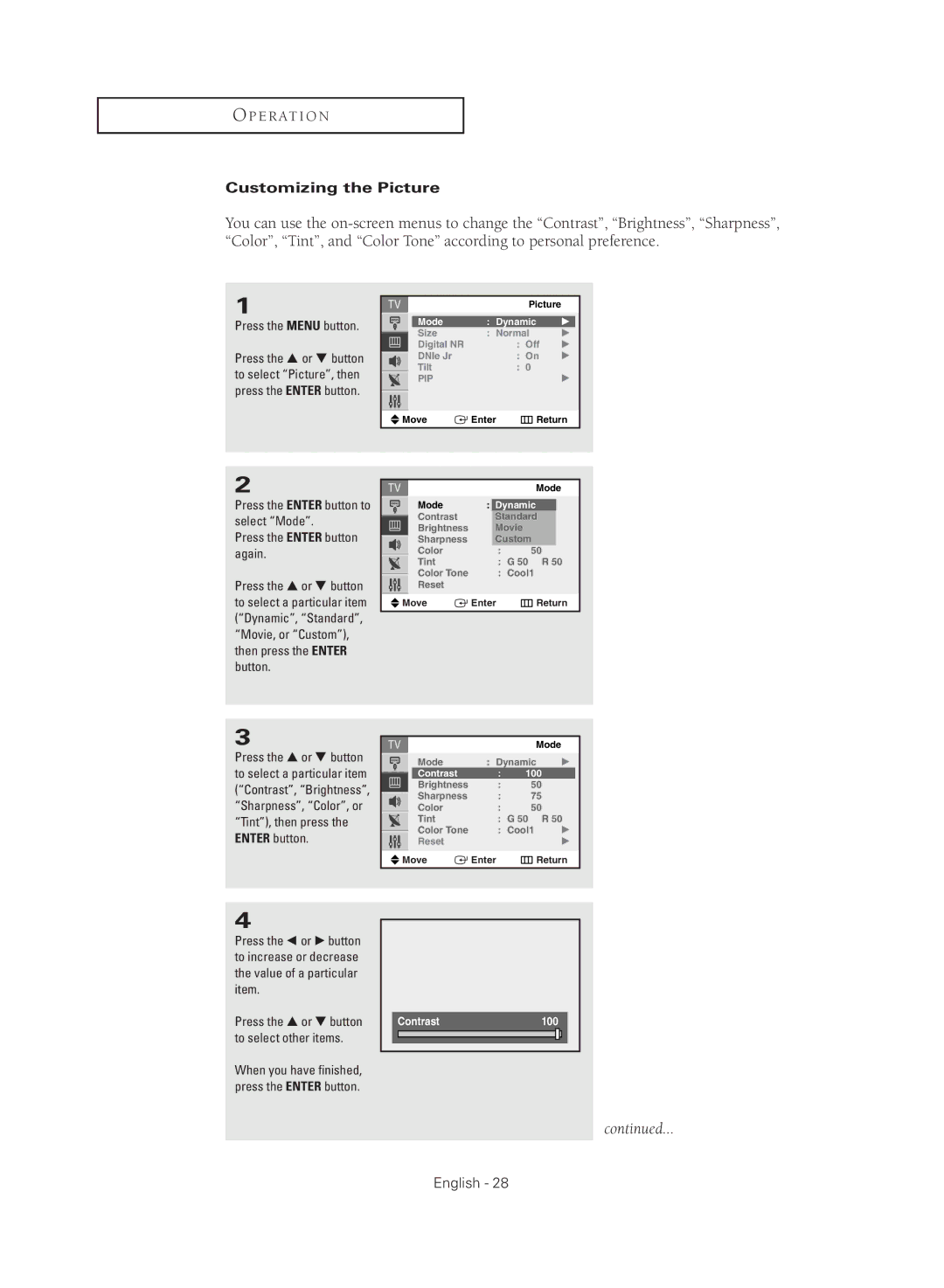 Samsung CL21M2, CL29M2, CL21M6, CL29M16, CL21M21, CL29M21, CL21T21, CL29T21 manual Customizing the Picture 