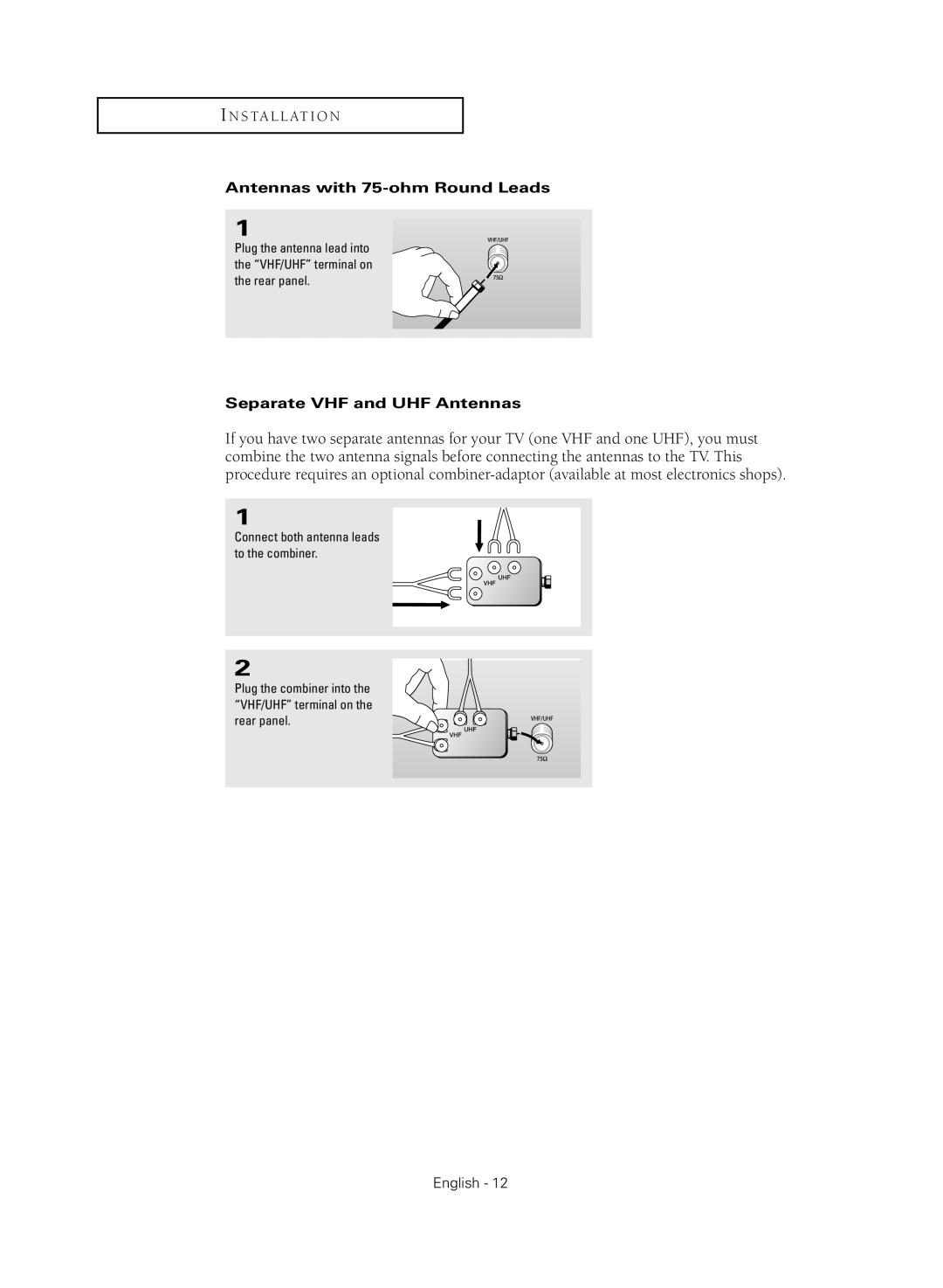 Samsung CL21M2 manual Antennas with 75-ohm Round Leads, Separate VHF and UHF Antennas 