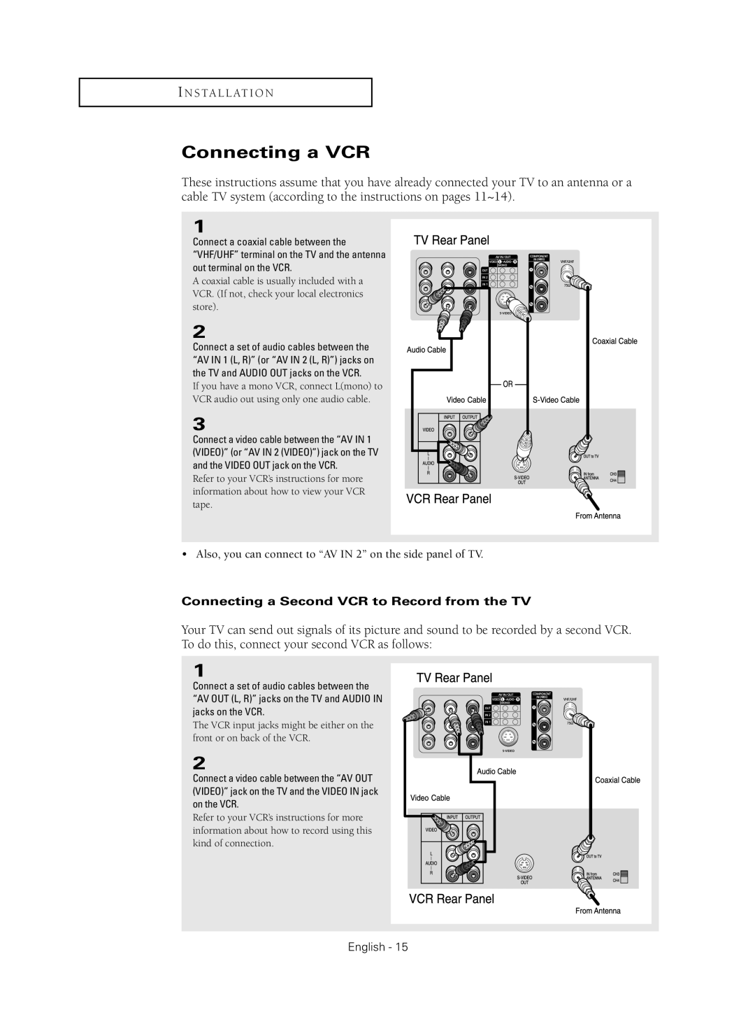 Samsung CL21M2 manual Connecting a VCR, Connecting a Second VCR to Record from the TV 