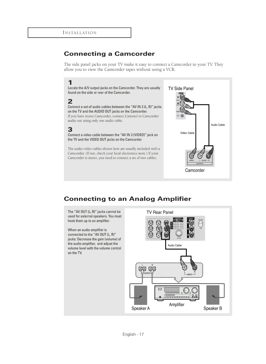 Samsung CL21M2 manual Connecting a Camcorder, Connecting to an Analog Amplifier 