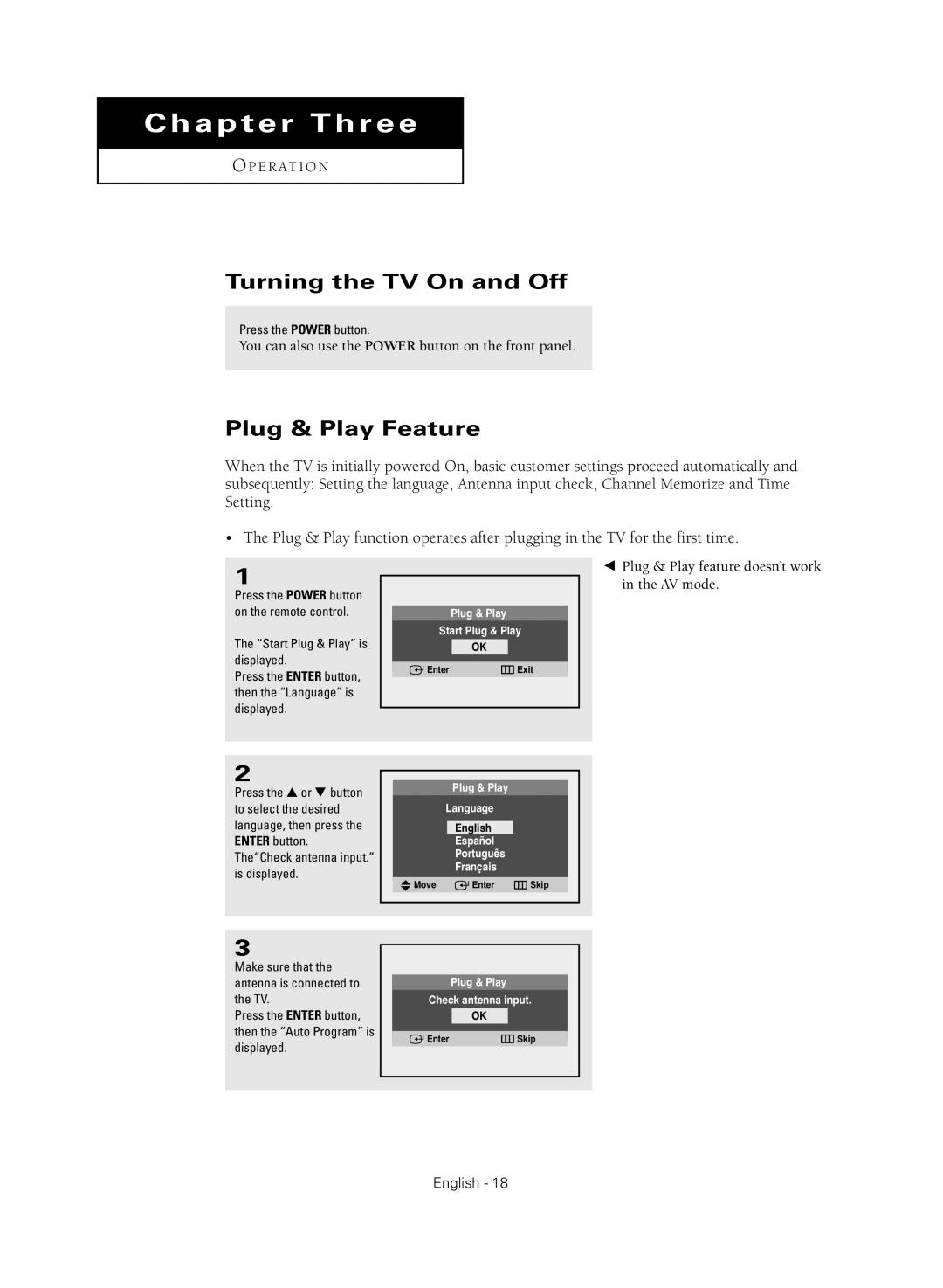 Samsung CL21M2 Turning the TV On and Off, Plug & Play Feature, Press the Power button, Start Plug & Play is displayed 