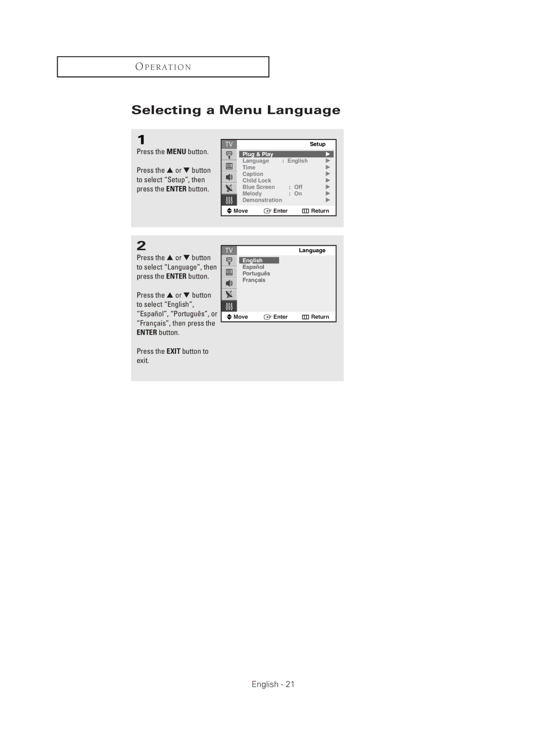 Samsung CL21M2 manual Selecting a Menu Language 