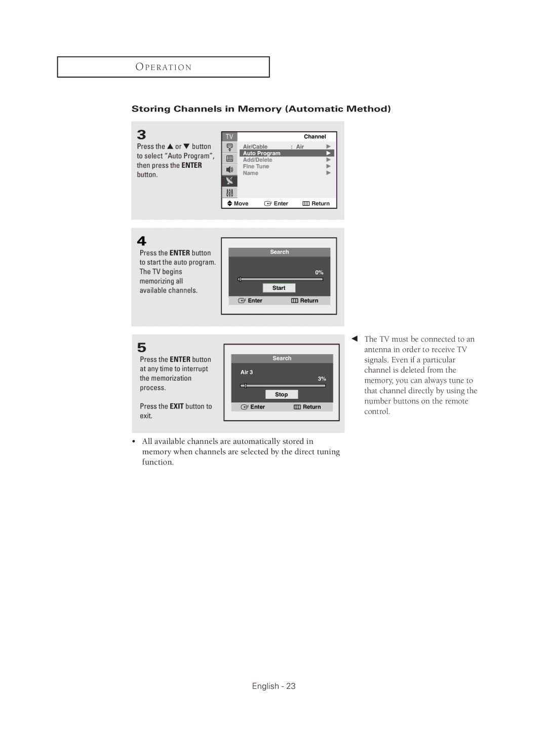 Samsung CL21M2 manual Storing Channels in Memory Automatic Method 