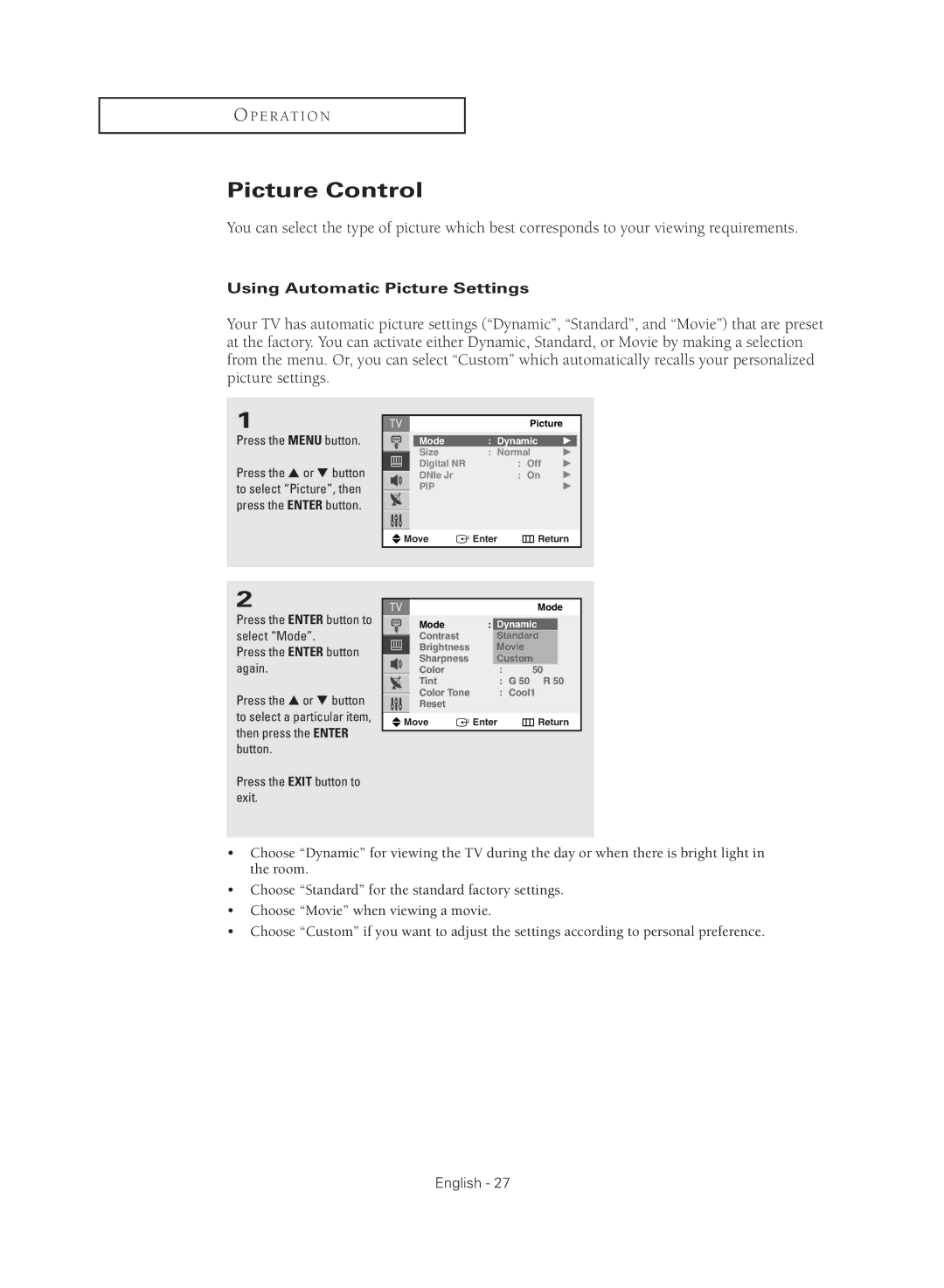 Samsung CL21M2 manual Picture Control, Using Automatic Picture Settings, Press the Enter button again 