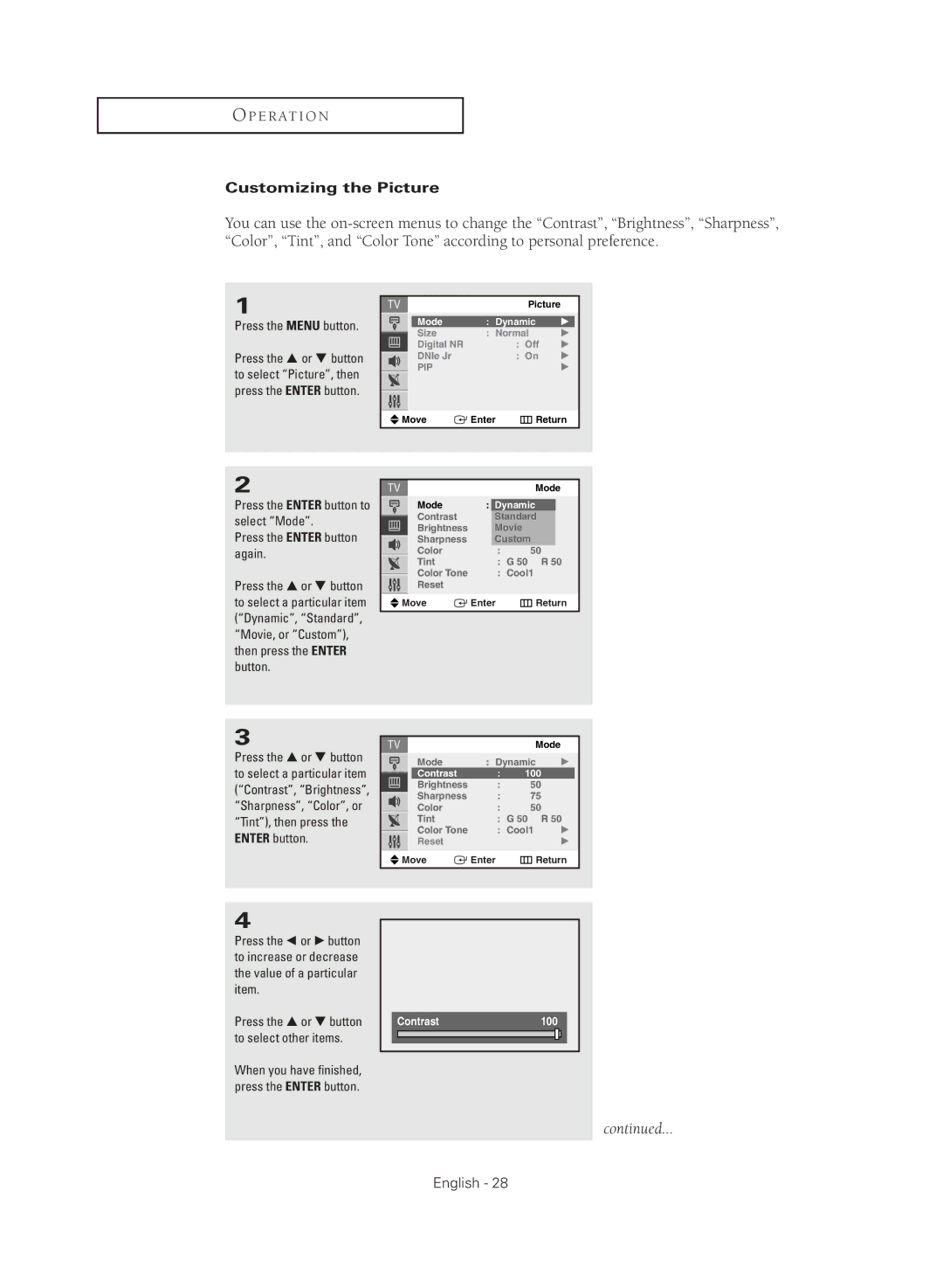 Samsung CL21M2 manual Customizing the Picture 