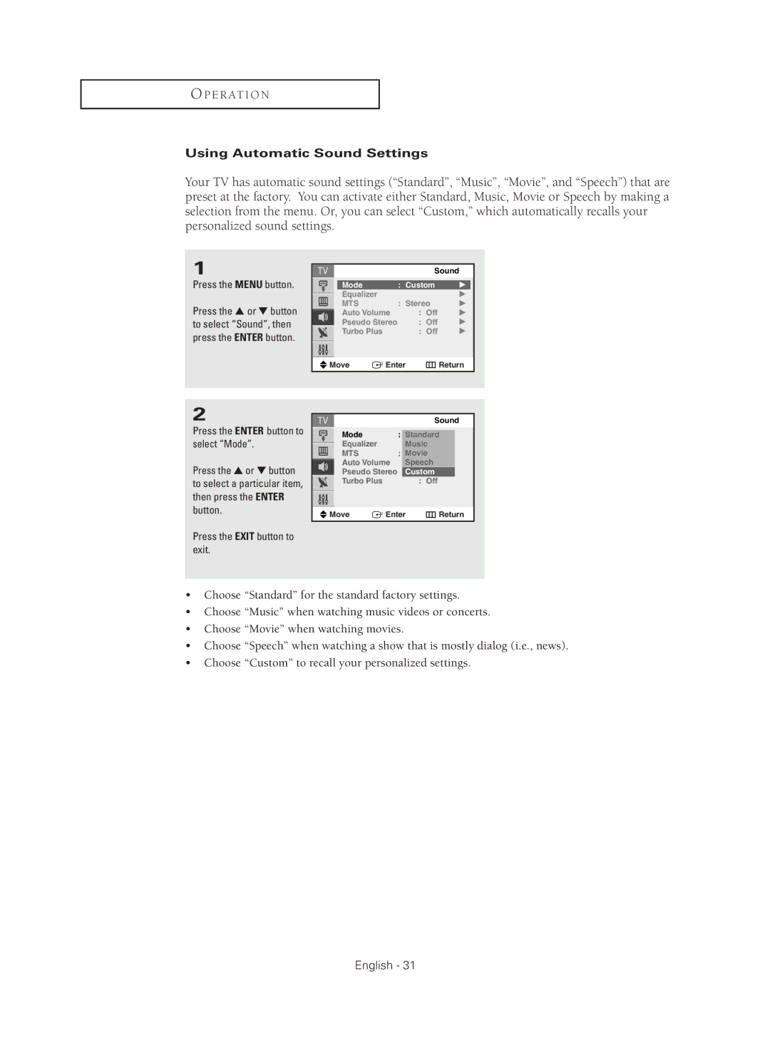 Samsung CL21M2 manual Using Automatic Sound Settings, Press the Menu button 