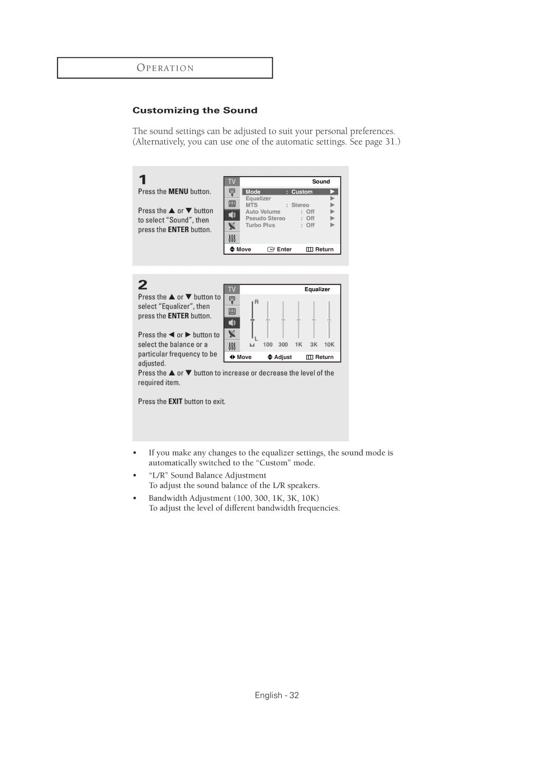 Samsung CL21M2 manual Customizing the Sound, Select Equalizer, then Press the Enter button, Select the balance or a 