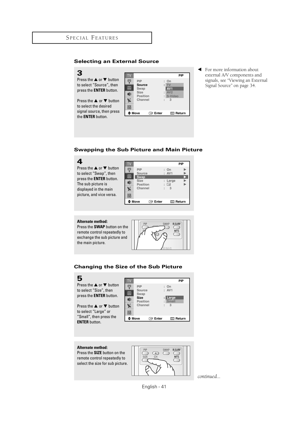 Samsung CL21M2 manual Selecting an External Source, Swapping the Sub Picture and Main Picture 