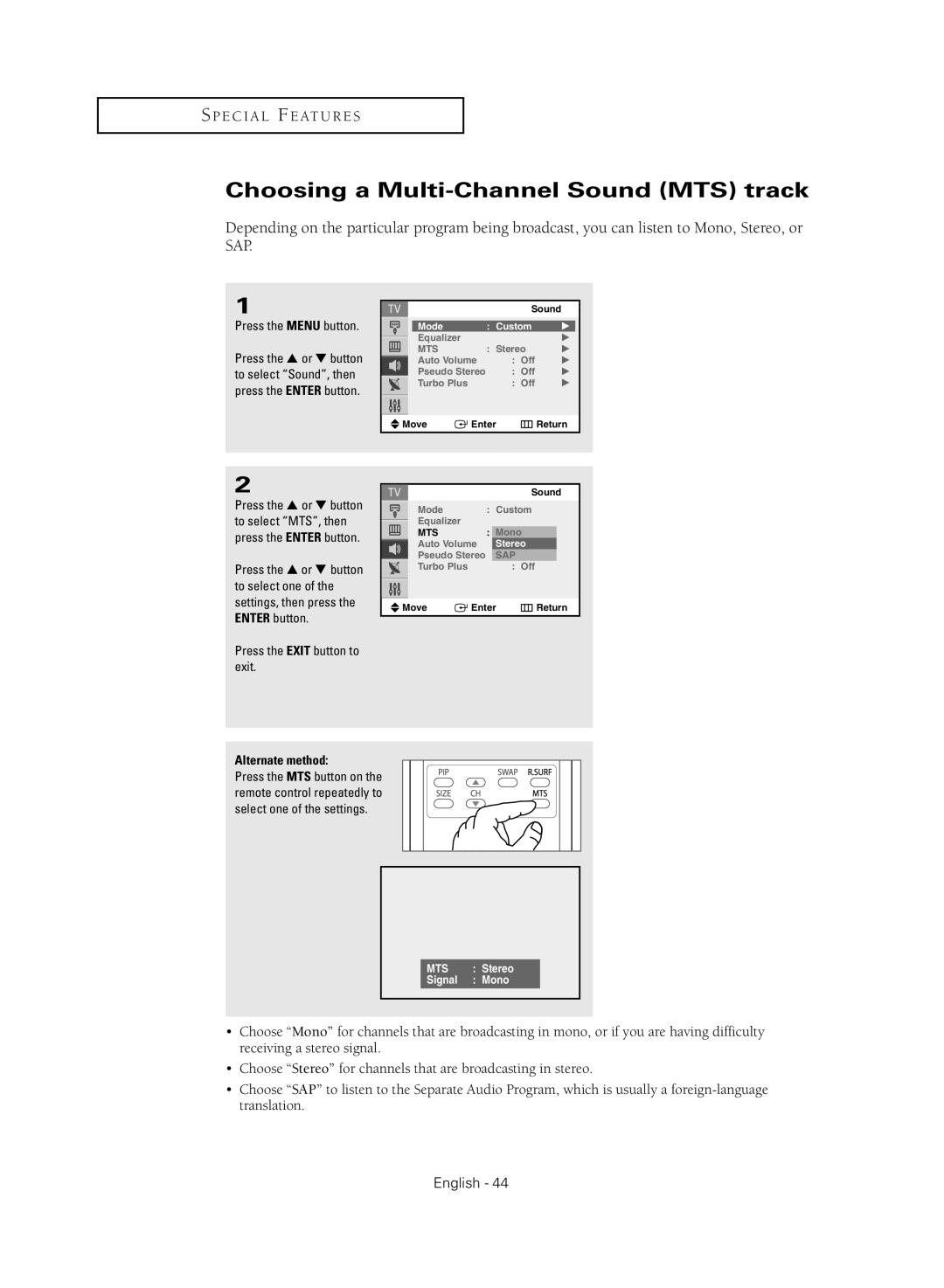 Samsung CL21M2 manual Choosing a Multi-Channel Sound MTS track, Press the Menu button 