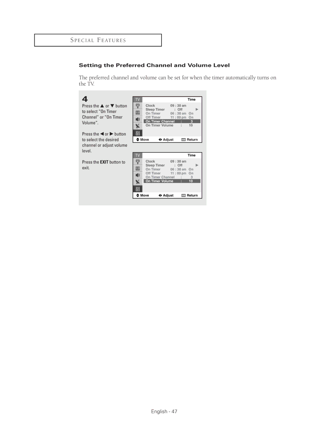 Samsung CL21M2 manual Setting the Preferred Channel and Volume Level, On Timer Channel 